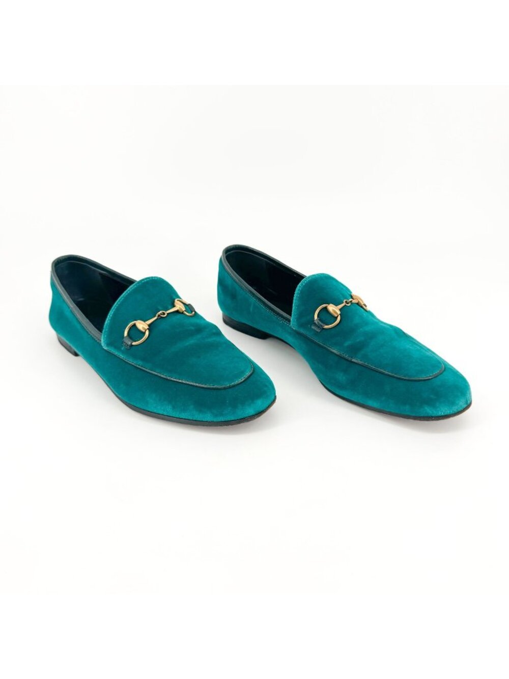 Gucci Jordaan Horsebit Loafer EU 37 US 7 Teal Velvet Flat Buckle Shoe Green Blue